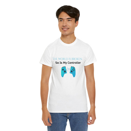 Unisex Heavy Cotton Tee - 'The world is broken,  So Is My Controller' - Funny T-Shirt for Adults, Gift for Friends, Casual Wear, Soulslike