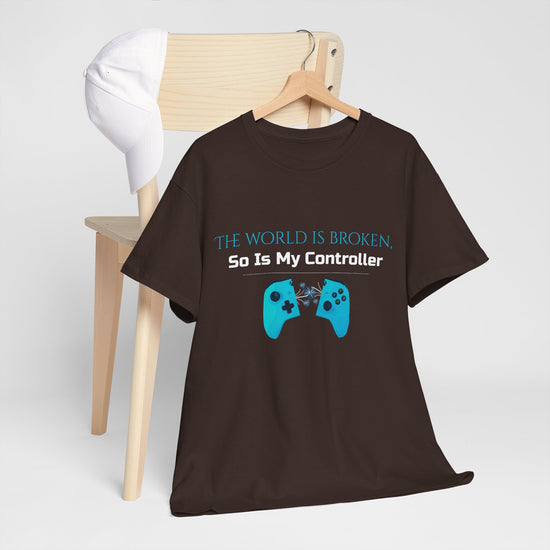 Unisex Heavy Cotton Tee - 'The world is broken,  So Is My Controller' - Funny T-Shirt for Adults, Gift for Friends, Casual Wear, Soulslike
