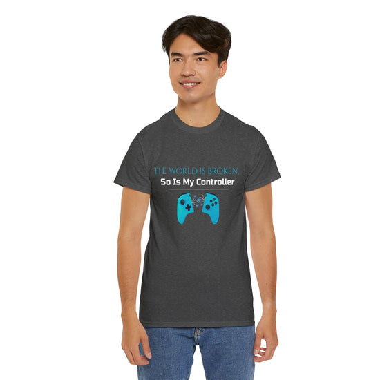 Unisex Heavy Cotton Tee - 'The world is broken,  So Is My Controller' - Funny T-Shirt for Adults, Gift for Friends, Casual Wear, Soulslike