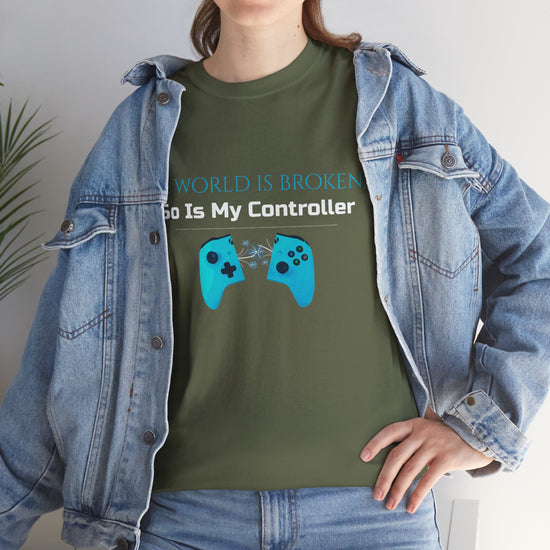 Unisex Heavy Cotton Tee - 'The world is broken,  So Is My Controller' - Funny T-Shirt for Adults, Gift for Friends, Casual Wear, Soulslike